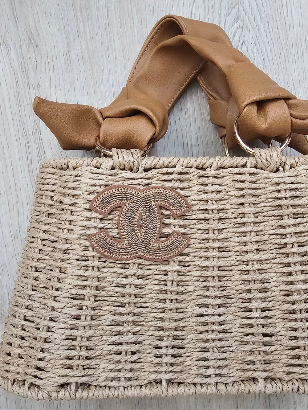 Upcycled Woven Straw Tote with Tan Leather Handles